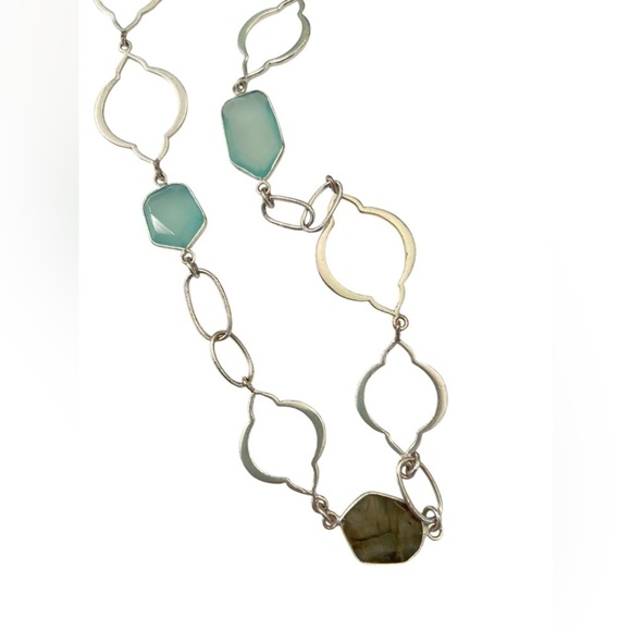 Stella & Dot sterling silver Arabesque link aqua & laborite long chain necklace - Picture 4 of 11